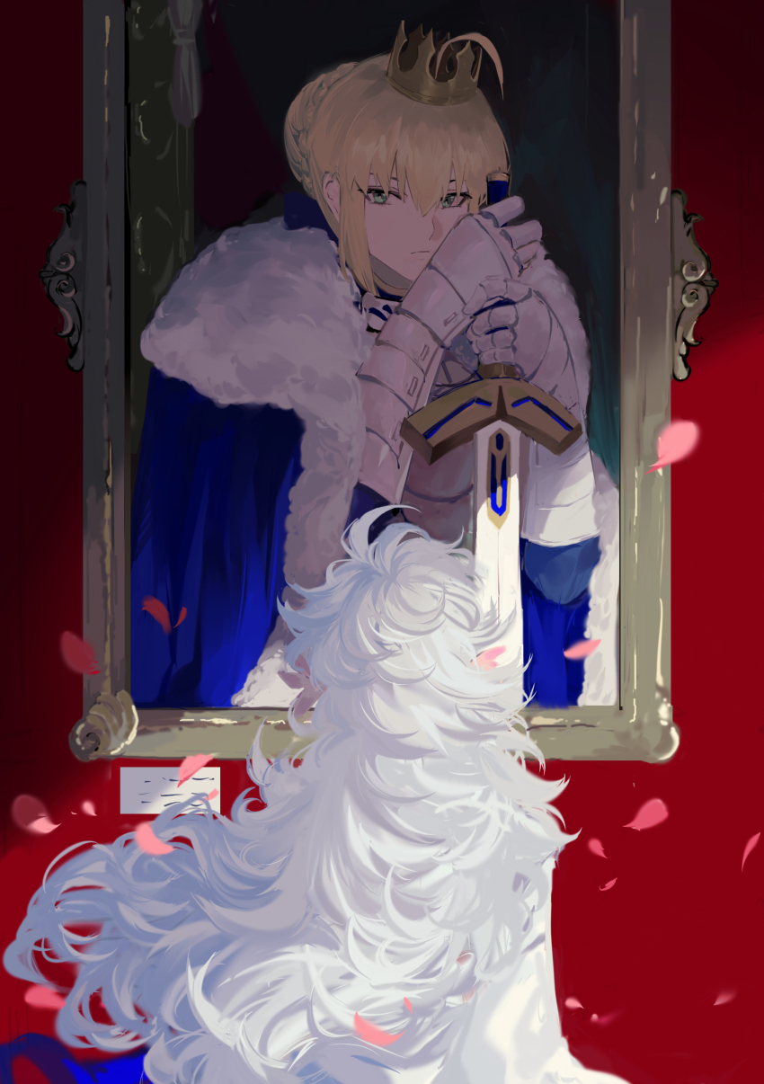 1boy, 1girl, absurdres, ahoge, armor, artoria_pendragon_(fate), blonde_hair, blue_cape