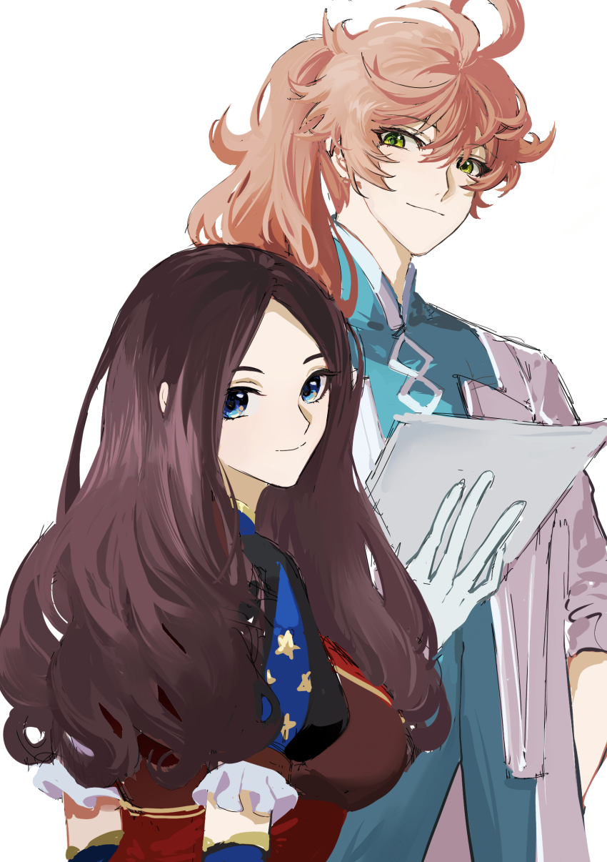 1boy, 1girl, absurdres, ahoge, blue_eyes, brown_hair, chaldea_logo, chaldea_uniform