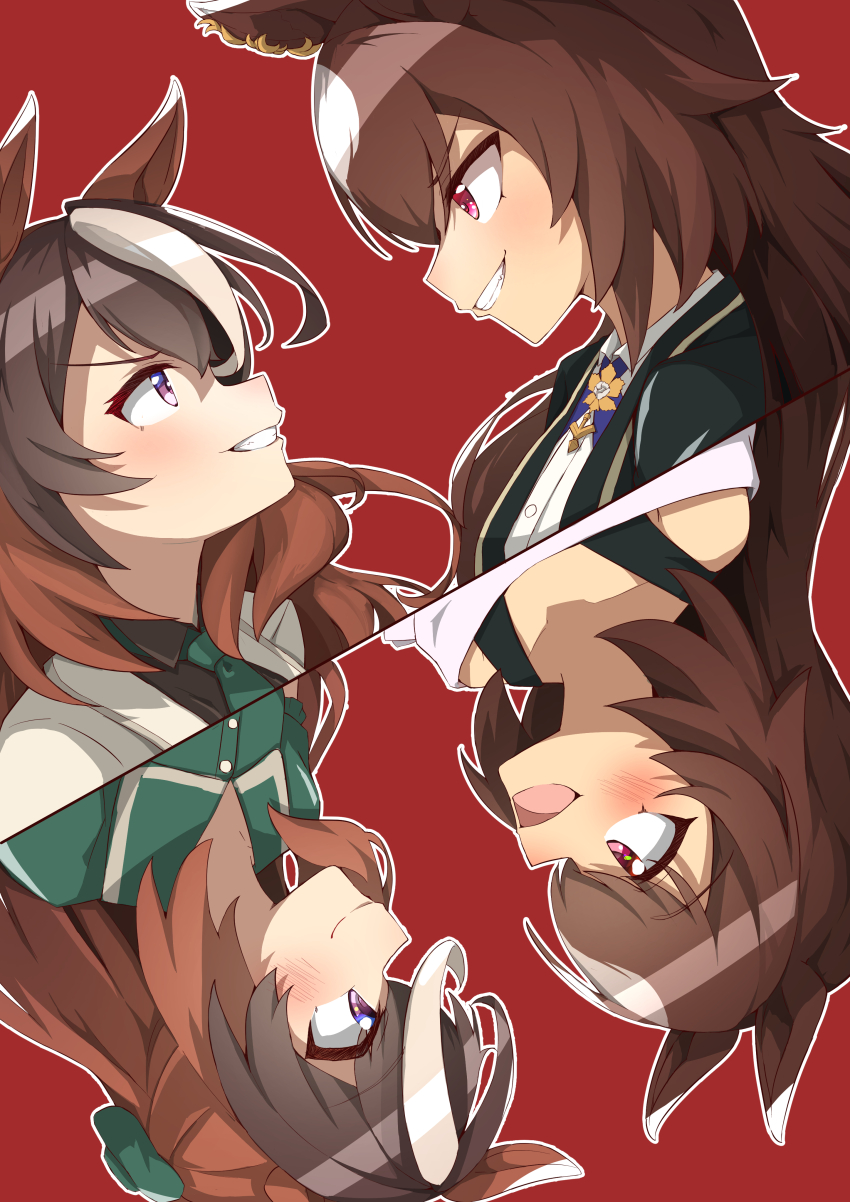 2girls, absurdres, animal_ears, bare_shoulders, black_jacket, blush, brown_hair, closed_mouth