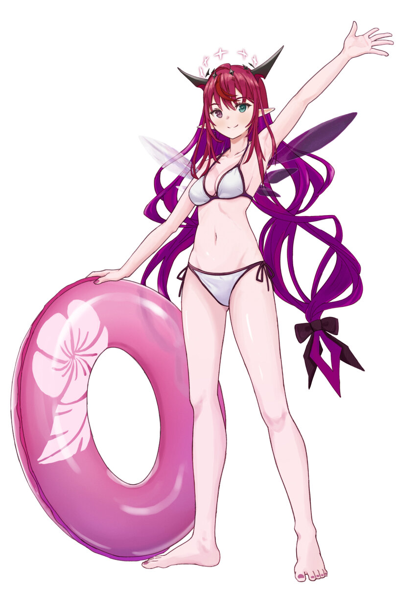 1girl, absurdres, arm_up, armpits, barefoot, bikini, blush, breasts