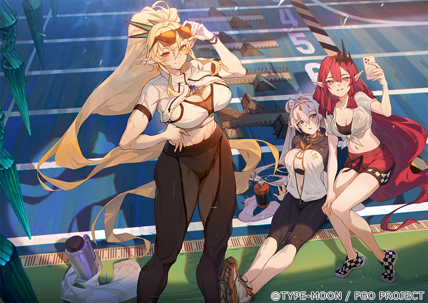3girls, arm_support, baobhan_sith_(fate), baobhan_sith_(morgan_stadium)_(fate), barghest_(fate), barghest_(morgan_stadium)_(fate), blonde_hair, bottle, breasts, britomart_(fate), britomart_(morgan_stadium)_(fate), cleavage, commentary_request, day, fate/grand_order, fate_(series), green_eyes, hair_between_eyes, hand_on_own_hip, holding, holding_phone, hxxg, large_breasts, long_hair, looking_at_viewer, medium_breasts, multiple_girls, navel, official_art, outdoors, phone, pointy_ears, ponytail, red_hair, short_sleeves, shorts, sitting, smile, standing, sunglasses, track_and_field, twintails, very_long_hair, water_bottle, white_hair, zipper, zipper_pull_tab