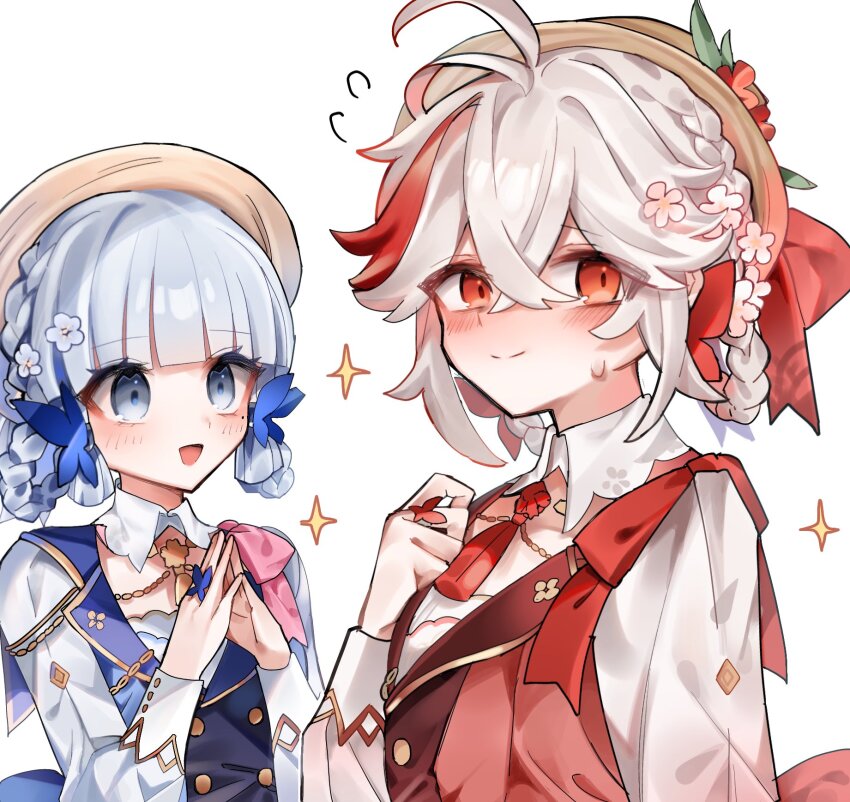 1boy, 1girl, antenna_hair, ayaka_(genshin_impact), blue_eyes, blue_hair, blunt_bangs, blush, braid, brown_headwear, cosplay, crossdressing, crossed_bangs, deeeeeeen114514, dress, flower, flying_sweatdrops, genshin_impact, hair_between_eyes, hair_flower, hair_ornament, hair_ribbon, hat, hat_flower, highres, kaedehara_kazuha, kamisato_ayaka, kamisato_ayaka_(springbloom_missive), kamisato_ayaka_(springbloom_missive)_(cosplay), light_blue_hair, long_sleeves, looking_at_viewer, mole, mole_under_mouth, multicolored_hair, open_mouth, own_hands_together, pink_flower, red_eyes, red_flower, red_hair, ribbon, sidelocks, simple_background, smile, sparkle, sweat, tassel, trap, tress_ribbon, upper_body, white_background, white_flower, white_hair