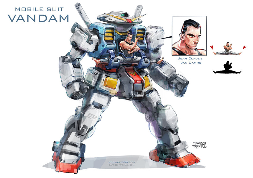 1boy, animification, barefoot, black_hair, captoon, character_name, crossover, english_text, gundam, gymnastics, jean-claude_van_damme, machinery, martial_arts, mecha, mobile_suit, mobile_suit_gundam, muscular, muscular_male, original, parody, pun, real_life, redesign, robot, rx-78-2_gundam, science_fiction, serious, signature, split, tank_top, too_literal