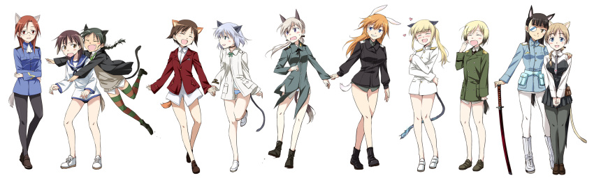 501st_joint_fighter_wing, 6+girls, agahari, animal_ears, bespectacled, black_legwear, blush, cat_ears, cat_tail, charlotte_e._yeager, charlotte_e_yeager_(cosplay), closed_eyes, cosplay, costume_switch, dog_ears, eila_ilmatar_juutilainen, eila_ilmatar_juutilainen_(cosplay), electricity, erica_hartmann, erica_hartmann_(cosplay), everyone, fang, francesca_lucchini, francesca_lucchini_(cosplay), gertrud_barkhorn, gertrud_barkhorn_(cosplay), glasses, hair_down, hand_on_shoulder, heart, highres, holding_hands, legs, long_image, lynette_bishop, lynette_bishop_(cosplay), minna-dietlinde_wilcke, minna-dietlinde_wilcke_(cosplay), miyafuji_yoshika, miyafuji_yoshika_(cosplay), multiple_girls, no_eyewear, no_socks, open_mouth, panties, pantyhose, perrine_h._clostermann, perrine_h_clostermann_(cosplay), ponytail, rabbit_ears, rabbit_girl, rabbit_tail, sakamoto_mio, sakamoto_mio_(cosplay), sanya_v._litvyak, sanya_v_litvyak_(cosplay), school_uniform, serafuku, smile, strike_witches, striped_clothes, striped_legwear, striped_panties, striped_thighhighs, sword, tail, thighhighs, underwear, weapon, white_legwear, wide_image, wolf_ears, wolf_tail, world_witches_series