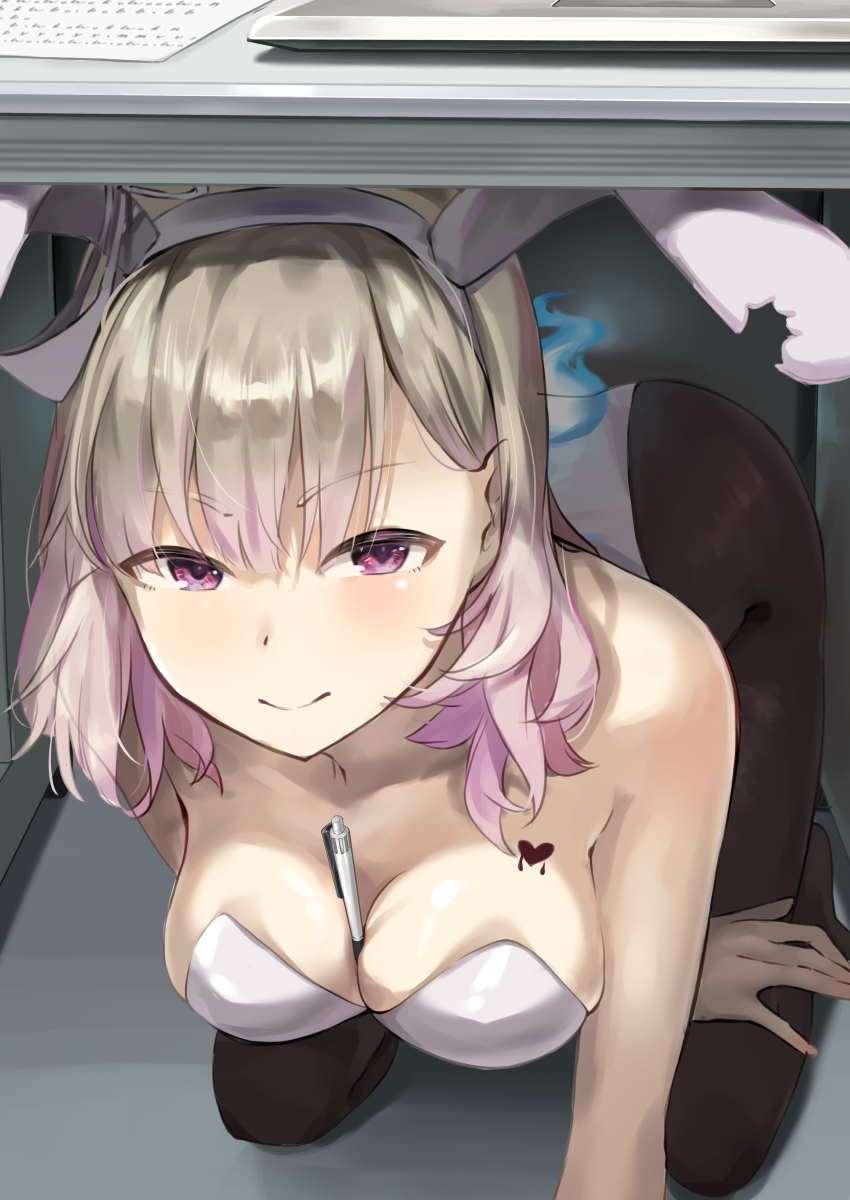 1girl, absurdres, animal_ears, between_breasts, black_thighhighs, blonde_hair, blue_fire, blush