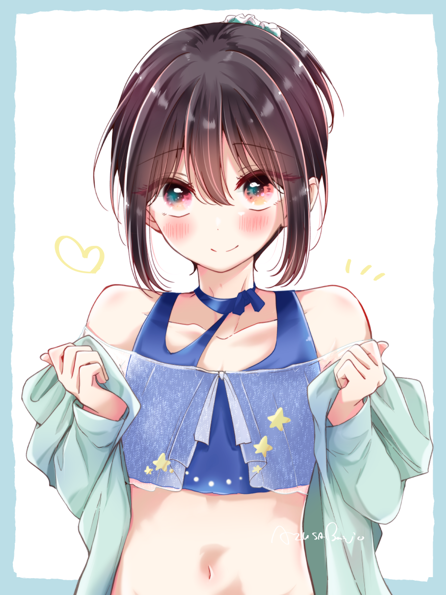 1boy, banjou_azusa, bikini, black_hair, blue_bikini, crossdressing, crossdressing_(mtf), highres, hiura_mihate, koisuru_(otome)_no_tsukurikata, looking_at_viewer, male_focus, midou_kenshirou, navel, off_shoulder, solo_focus, split_mouth, swimsuit, tagme, trap