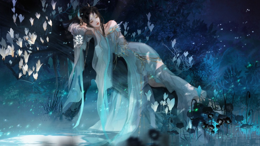 1girl, absurdres, bare_shoulders, brown_hair, closed_eyes, closed_mouth, dark, doupo_cangqiong