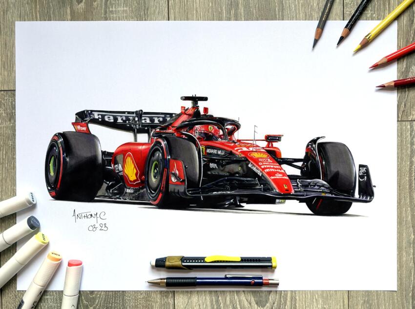 1boy, anthony-c, art_tools_in_frame, artist_name, car, charles_leclerc, colored_pencil, commentary