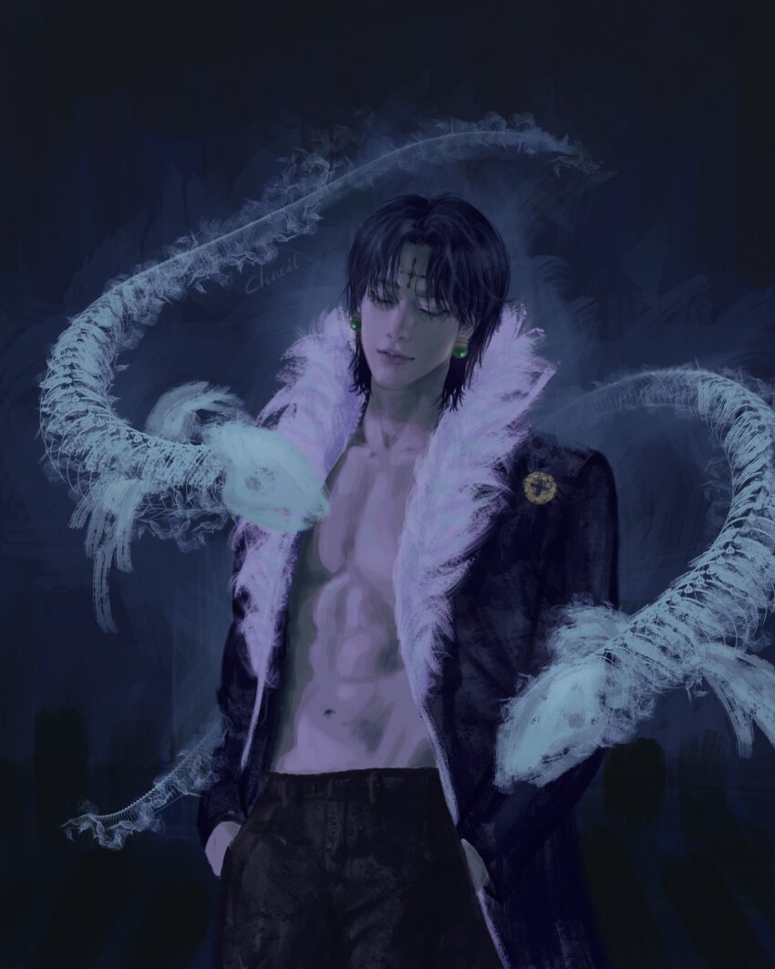 1boy, abs, black_coat, black_hair, chaeillll, chrollo_lucilfer, closed_eyes, coat