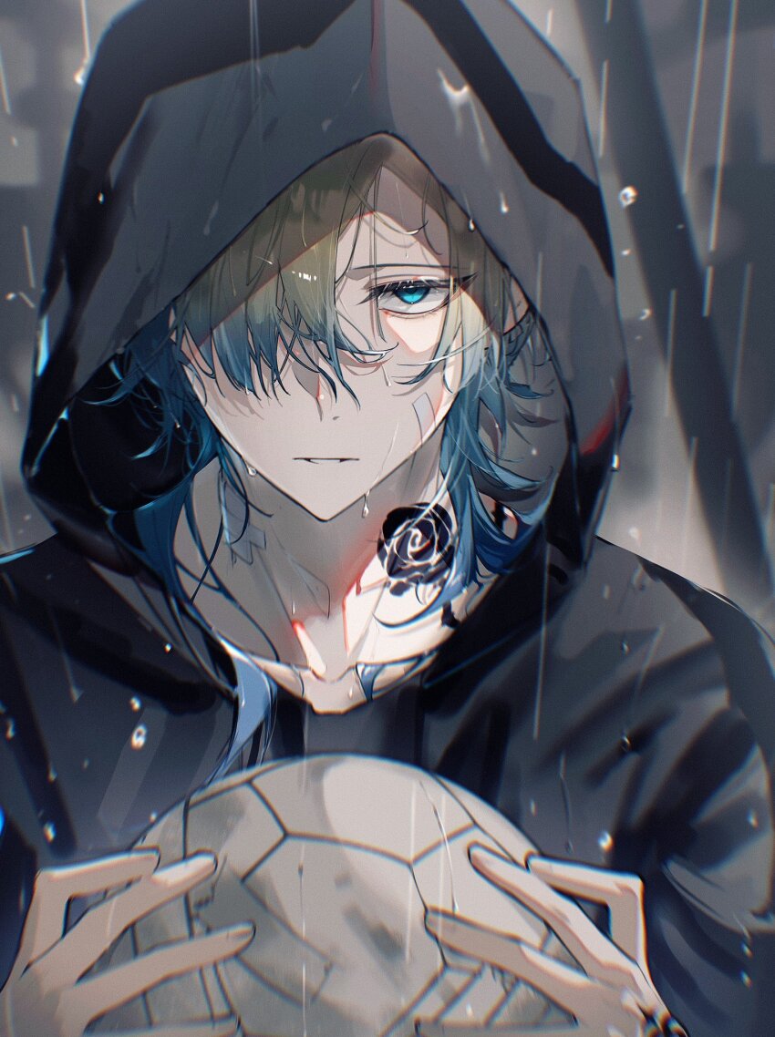 1boy, ball, bandage_on_face, bandages, black_jacket, blonde_hair, blue_eyes, blue_hair