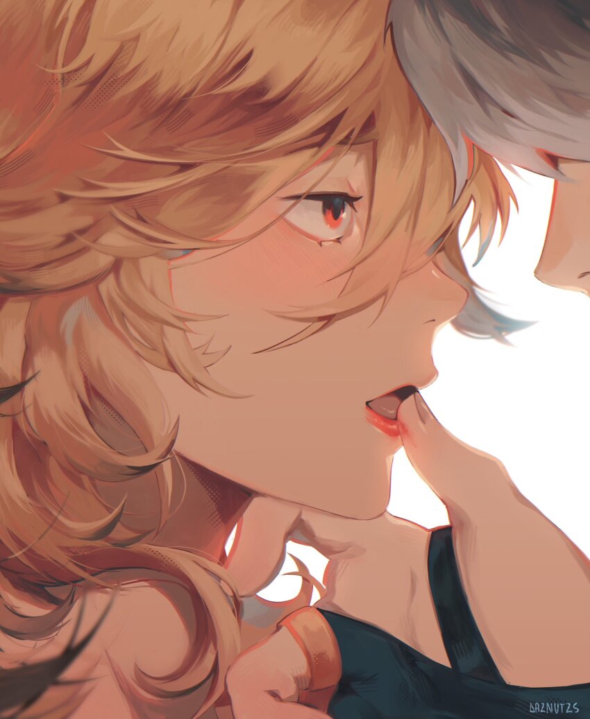 2boys, alhaitham_(genshin_impact), blonde_hair, blush, brown_hair, daznutzs, facing_another, genshin_impact