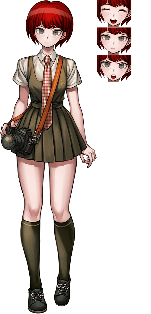 1girl, arms_at_sides, artist_request, black_shoes, blunt_bangs, breasts, brown_eyes, camera, closed_mouth, commentary, danganronpa_(series), danganronpa_2:_goodbye_despair, dress, dress_shirt, english_commentary, full_body, gingham_clothes, gingham_necktie, green_dress, green_socks, holding, holding_camera, kneehighs, koizumi_mahiru, looking_at_viewer, medium_breasts, multiple_expressions, necktie, official_art, oshiro_project:re, pinafore_dress, pleated_dress, red_hair, red_necktie, ringed_eyes, school_uniform, shirt, shoes, short_hair, short_sleeves, simple_background, sleeveless, sleeveless_dress, smile, socks, solo, standing, strap, tachi-e, third-party_source, transparent_background, two-tone_necktie, very_short_hair, white_necktie, white_shirt