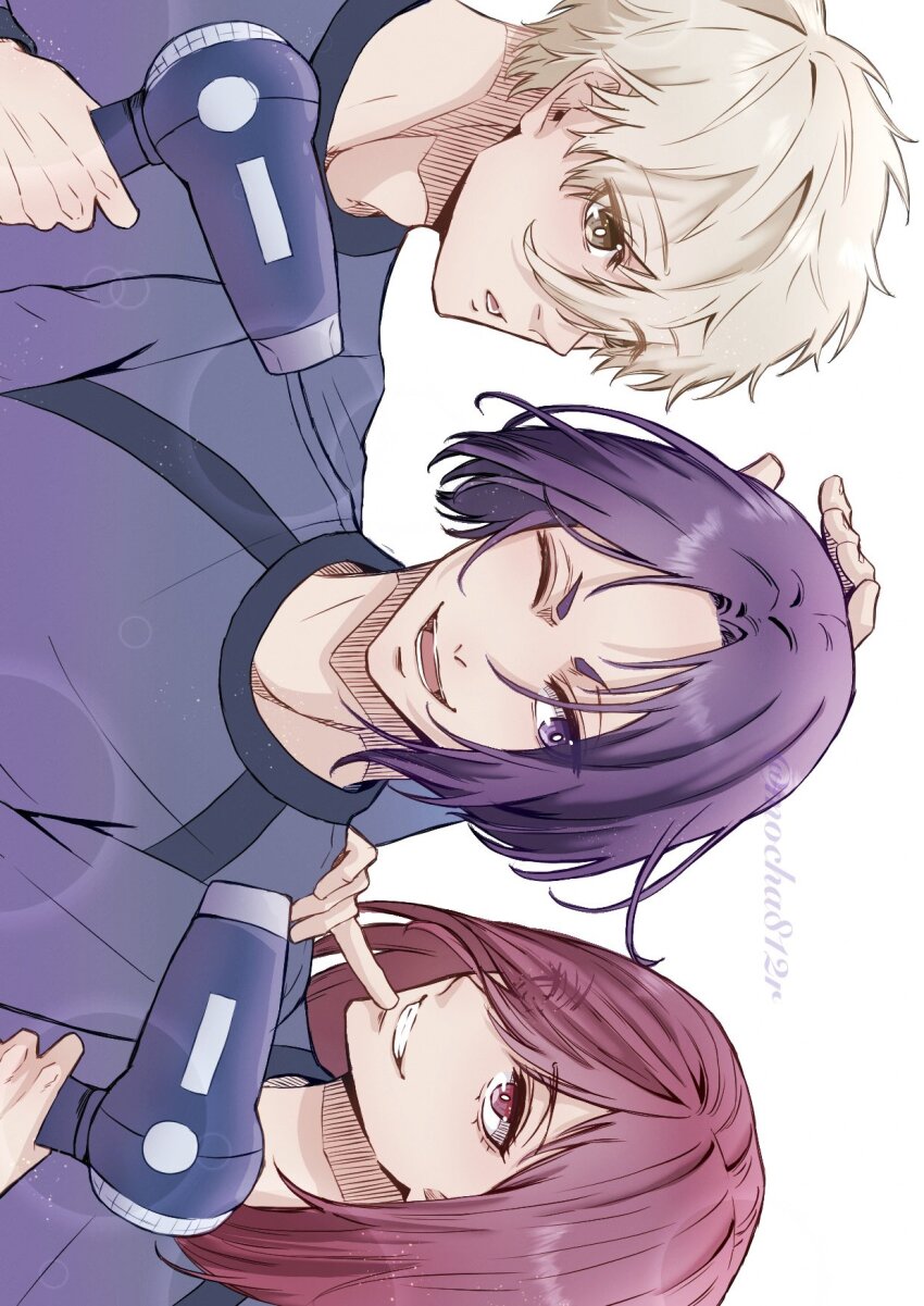 3boys, black_hair, blue_lock, blue_shirt, chigiri_hyoma, grin, hair_dryer, hand_up, highres, holding, holding_hair_dryer, long_hair, male_focus, mikage_reo, mocha_(w-mocha95), multiple_boys, nagi_seishirou, one_eye_closed, open_mouth, purple_eyes, purple_hair, red_eyes, red_hair, shirt, short_eyebrows, short_hair, sideways, simple_background, smile, twitter_username, upper_body, v-shaped_eyebrows, white_background, white_hair