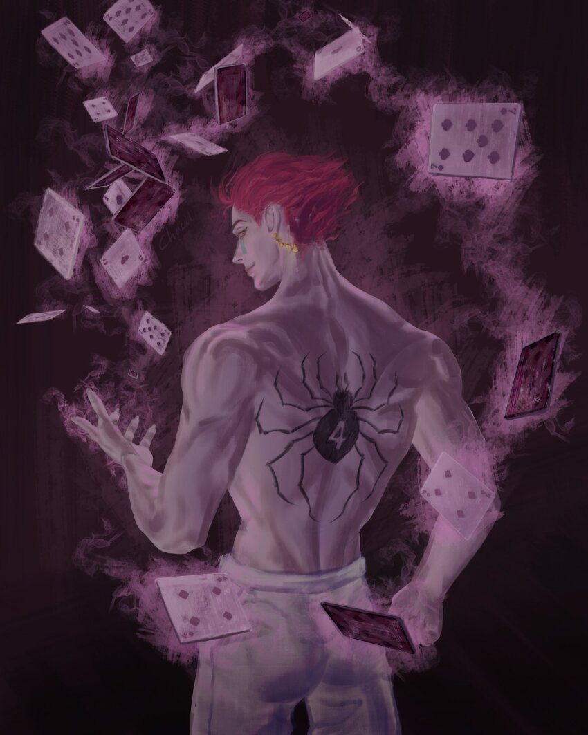 1boy, bare_shoulders, bug, card, chaeillll, cowboy_shot, diamond_(shape), earrings, facial_mark, highres, hisoka_morow, hunter_x_hunter, jewelry, looking_at_viewer, looking_back, male_focus, muscular, muscular_male, nen_(hunter_x_hunter), pants, profile, red_hair, short_hair, smile, solo, spade_(shape), spider, spider_tattoo, tattoo, teardrop_facial_mark, teardrop_tattoo, topless_male, white_pants, yellow_eyes