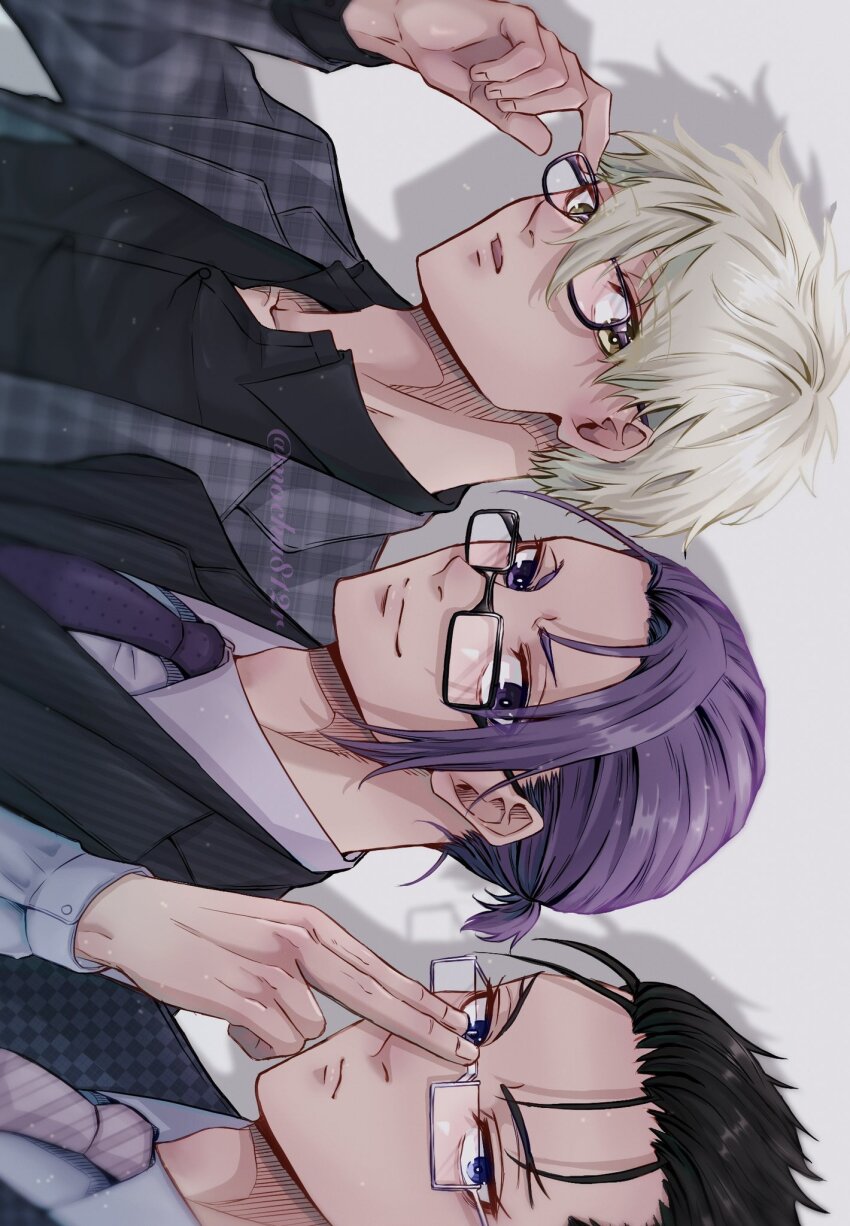 3boys, black_eyes, black_hair, black_jacket, black_shirt, blue_eyes, blue_jacket, blue_lock, closed_mouth, collared_shirt, glasses, grey_jacket, hair_slicked_back, hand_up, highres, jacket, long_sleeves, looking_at_viewer, male_focus, mikage_reo, mocha_(w-mocha95), multiple_boys, nagi_seishirou, necktie, open_mouth, ponytail, purple_eyes, purple_hair, purple_necktie, serious, shirt, short_hair, short_ponytail, tongue, tsurugi_zantetsu, v-shaped_eyebrows, white_hair, white_shirt