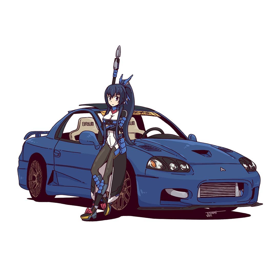1girl, armor, black_pantyhose, blue_hair, car, closed_mouth, commentary, crossed_arms, dark_blue_hair, english_commentary, honda_futayo, jestami, kyoukaisenjou_no_horizon, leaning_against_vehicle, long_hair, looking_at_viewer, mitsubishi_gto, mitsubishi_motors, motor_vehicle, pantyhose, polearm, ponytail, signature, simple_background, solo, sports_car, tonbokiri_(horizon), vehicle_focus, weapon