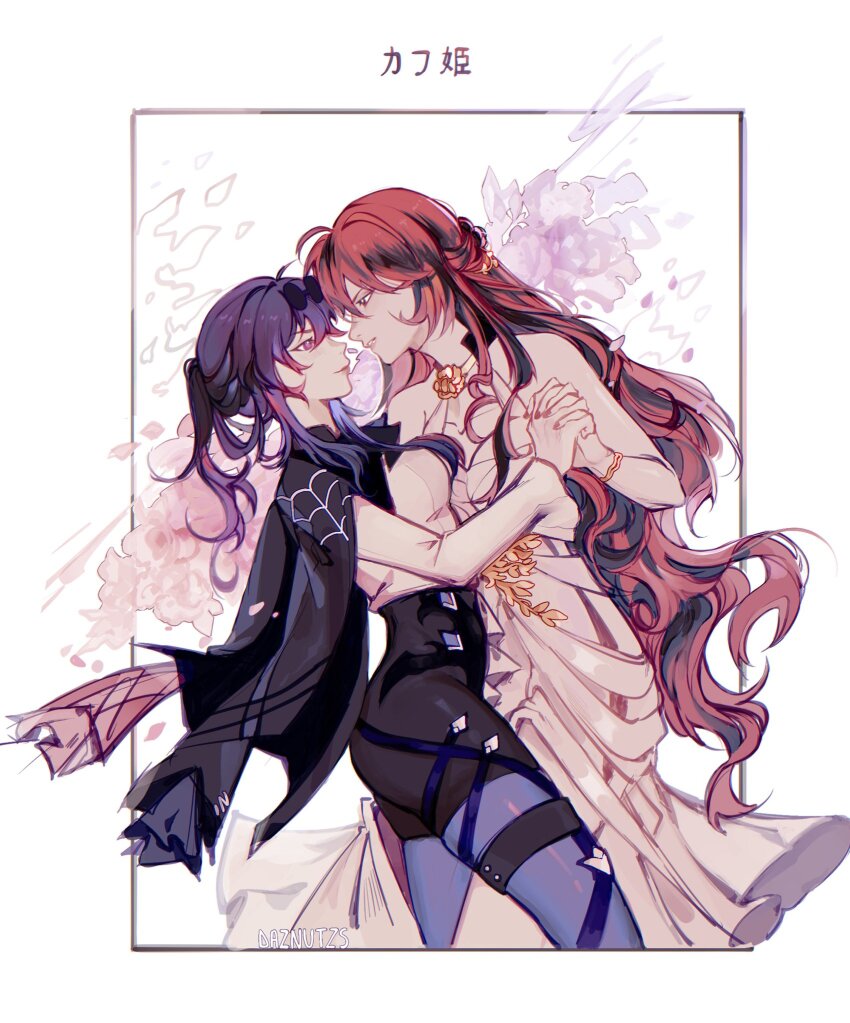 2girls, ahoge, artist_name, bare_shoulders, black_jacket, black_shorts, border, bracelet