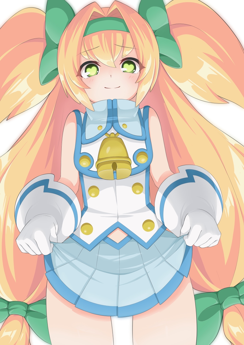1girl, absurdres, aqua_eyes, bare_shoulders, bell, blazblue, blonde_hair, blue_skirt, blush, bow, closed_mouth, clothes_lift, commentary_request, cowboy_shot, female_focus, furrowed_brow, gloves, green_bow, green_eyes, green_hairband, hair_bow, hairband, heart, heart-shaped_pupils, highres, lifting_own_clothes, light_blush, loli, long_hair, looking_at_viewer, looking_down, maruta_(denmasked), midriff_peek, miniskirt, platinum_the_trinity, pleated_skirt, quad_tails, simple_background, skirt, skirt_lift, smile, solo, split_mouth, standing, symbol-shaped_pupils, thighs, very_long_hair, white_background, white_gloves, yellow_pupils