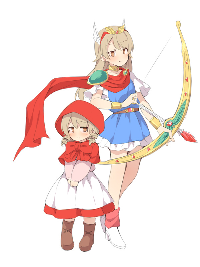 >:), 2girls, akazukin_chacha, apron, armor, arrow_(projectile), bad_id, bad_pixiv_id, blue_dress, blush, boots, bow, bow_(weapon), brown_eyes, brown_footwear, brown_hair, capelet, chacha_(akazukin_chacha), chacha_(akazukin_chacha)_(cosplay), closed_mouth, collarbone, cosplay, dress, dual_persona, full_body, hair_down, head_wings, high_heel_boots, high_heels, holding, holding_arrow, holding_bow_(weapon), holding_weapon, hood, hood_down, hooded_capelet, idolmaster, idolmaster_cinderella_girls, long_hair, long_sleeves, looking_at_viewer, loose_socks, magical_princess, morikubo_nono, multiple_girls, open_mouth, pauldrons, pink_shirt, puffy_long_sleeves, puffy_sleeves, red_bow, red_capelet, red_scarf, red_skirt, red_socks, revision, ringlets, scarf, shirt, short_sleeves, shoulder_armor, simple_background, skirt, sleeves_past_wrists, smile, socks, uccow, v-shaped_eyebrows, very_long_hair, weapon, white_apron, white_background, white_dress, white_footwear, white_wings, wings