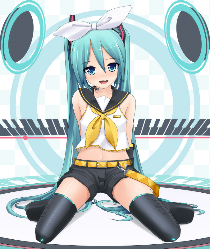 1girl, aqua_eyes, aqua_hair, arms_behind_back, bad_id, bad_pixiv_id, colorized, cosplay, eto, female_focus, full_body, hair_ribbon, hatsune_miku, hatsune_miku_(rin-chan_aishi-tai_1-gou), headset, kagamine_rin, kagamine_rin_(cosplay), kneeling, long_hair, looking_at_viewer, navel, project_diva, project_diva_(series), ribbon, shorts, smile, solo, thighhighs, twintails, very_long_hair, vocaloid