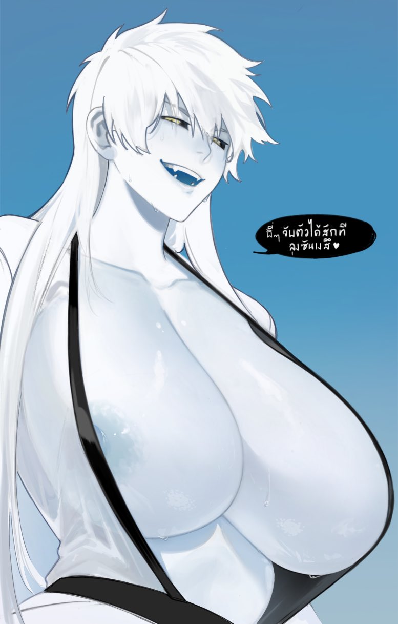 1girl, areola_slip, black_eyes, bleach, blush, breasts, colored_skin, fangs, genderswap, genderswap_(mtf), highres, hollow_ichigo, huge_breasts, japanese_clothes, kimono, kurosaki_ichigo, long_hair, nipple_slip, nipples, nose_blush, open_mouth, smile, speech_bubble, sweat, translation_request, white_hair, white_skin, zangetsu_(bleach), ze_(k4onozeda04)