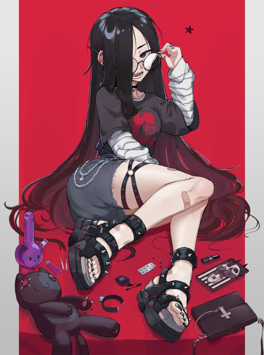 1girl, bag, bandaid, bandaid_on_knee, bandaid_on_leg, black_hair, black_nails, bong, borrowed_character, choker, cigarette, commentary, copyright_request, cross, drugs, ear_piercing, english_commentary, feet, full_body, glasses, handbag, highres, jewelry, k-rha's, legs, lighter, long_hair, long_sleeves, looking_at_viewer, multiple_rings, nail_polish, open_mouth, oshii_(suwafro), phone, piercing, ring, round_eyewear, sandals, solo, spiked_sandals, stuffed_animal, stuffed_toy, thigh_strap, toenail_polish, toenails, toes
