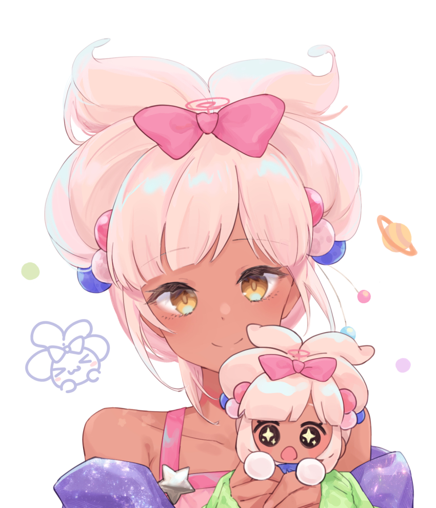 1girl, alternate_hairstyle, bare_shoulders, blunt_bangs, bow, cardigan, dark-skinned_female, dark_skin, hair_bow, hair_ornament, highres, holding, hololive, hololive_english, kotake_8, light_brown_hair, limiter_(tsukumo_sana), long_sleeves, looking_at_viewer, open_cardigan, open_clothes, pink_bow, pink_shirt, planet_hair_ornament, shirt, short_hair, sidelocks, sleeveless, sleeves_past_wrists, smile, smol_sana, solo, space_print, star_ornament, starry_sky_print, sweater, tsukumo_sana, twintails, virtual_youtuber, yellow_eyes