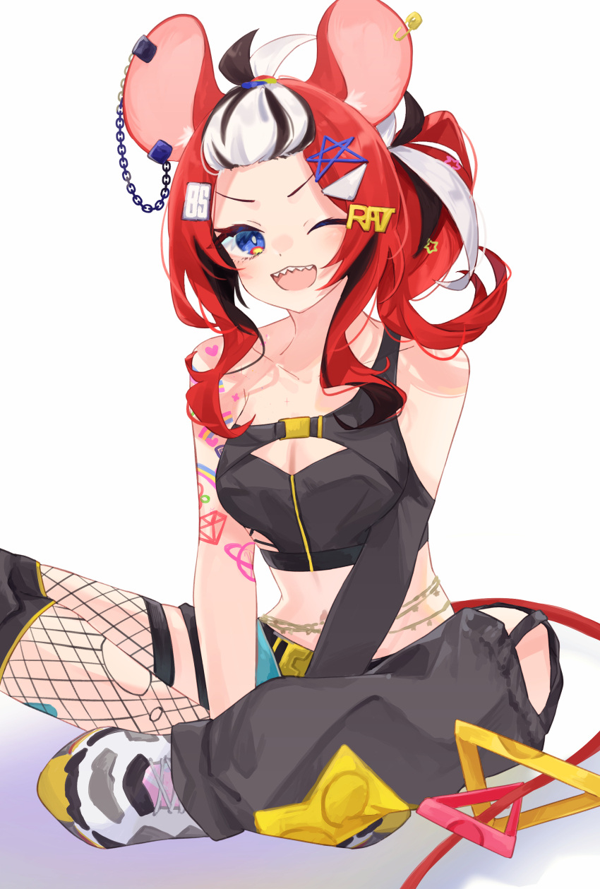 1girl, absurdres, animal_ears, arm_tattoo, asymmetrical_clothes, asymmetrical_legwear, bare_shoulders, belt