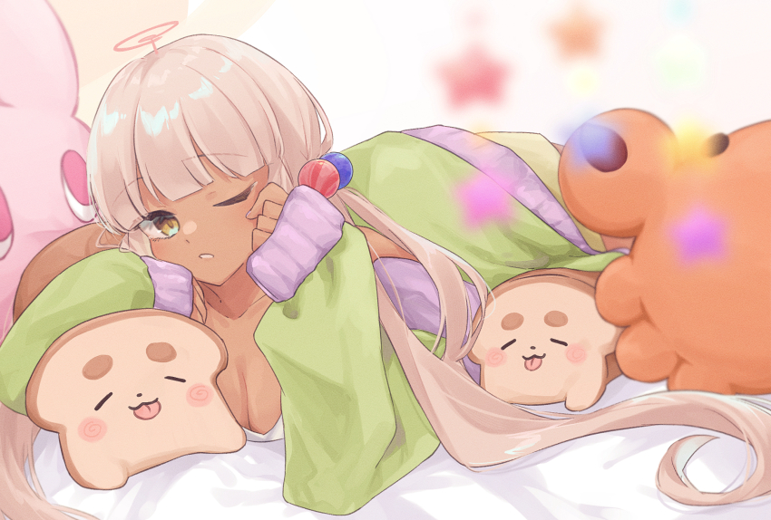 1girl, bare_shoulders, breasts, cleavage, dark-skinned_female, dark_skin, green_pajamas, hair_ornament