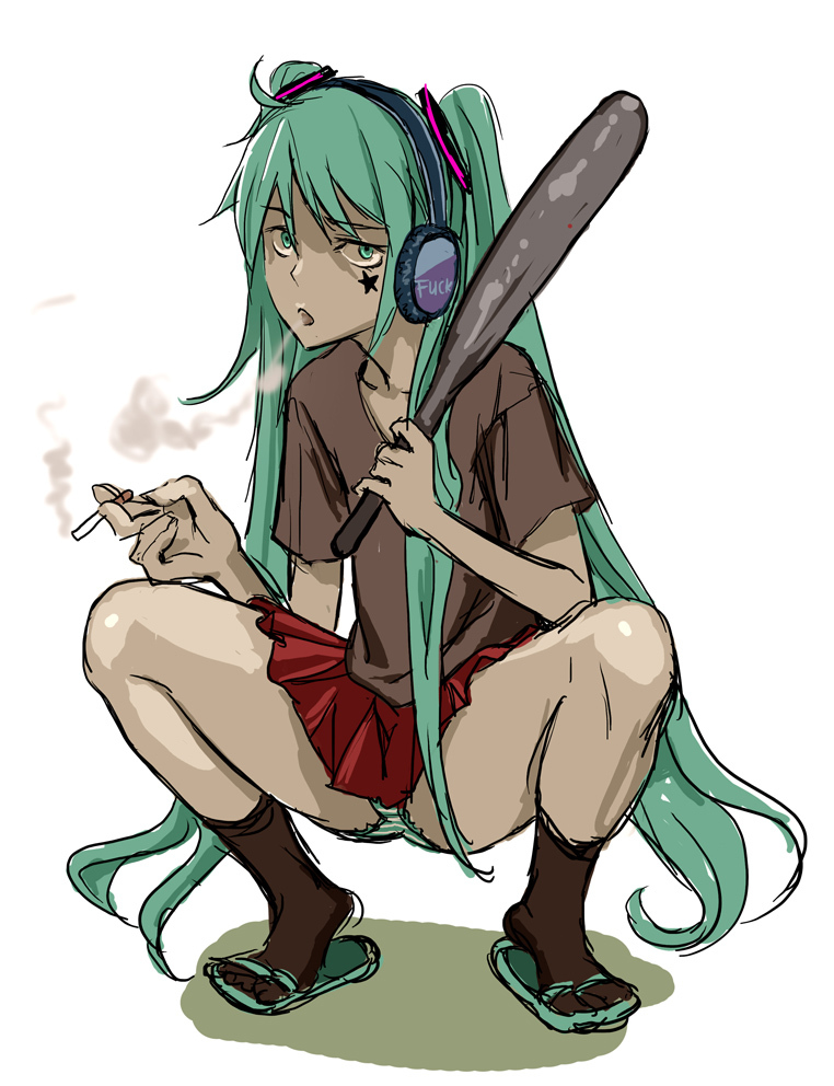 1girl, as109, bad_id, bad_pixiv_id, baseball_bat, black_socks, cigarette, club_(weapon), delinquent, english_text, facial_mark, female_focus, hatsune_miku, headphones, kutabare_pta_(vocaloid), long_hair, panties, pantyshot, profanity, sandals, sketch, skirt, smoke, smoking, socks, solo, squatting, star_(symbol), underwear, very_long_hair, vocaloid, weapon