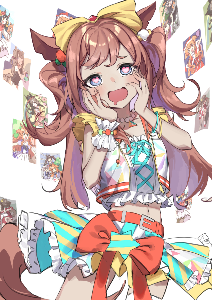 6+girls, absurdres, agnes_digital_(full-color_fangirling)_(umamusume), agnes_digital_(umamusume), bare_shoulders, bead_necklace, beads, belt, blue_eyes, bow, bracelet, commentary_request, cowboy_shot, cross-laced_clothes, curren_chan_(umamusume), drooling, hair_bow, haruyuki_(gffewuoutgblubh), heart, heart-shaped_pupils, highres, hishi_akebono_(umamusume), inari_one_(umamusume), jewelry, marvelous_sunday_(umamusume), mayano_top_gun_(party_formation)_(umamusume), mayano_top_gun_(umamusume), midriff, miracles_of_the_holy_night, mouth_drool, multicolored_shirt, multicolored_skirt, multiple_girls, navel, necklace, open_mouth, pink_hair, red_belt, rice_shower_(umamusume), scrunchie, shirt, single_thighhigh, skirt, sleeveless, sleeveless_shirt, so_moe_i'm_gonna_die!, solo_focus, striped_clothes, striped_skirt, sweep_tosho_(it's_all_mine!)_(umamusume), sweep_tosho_(monopolizing_the_chill?)_(umamusume), sweep_tosho_(umamusume), symbol-shaped_pupils, thighhighs, two_side_up, umamusume, wrist_scrunchie, zenno_rob_roy_(magical_heroine)_(umamusume), zenno_rob_roy_(umamusume)