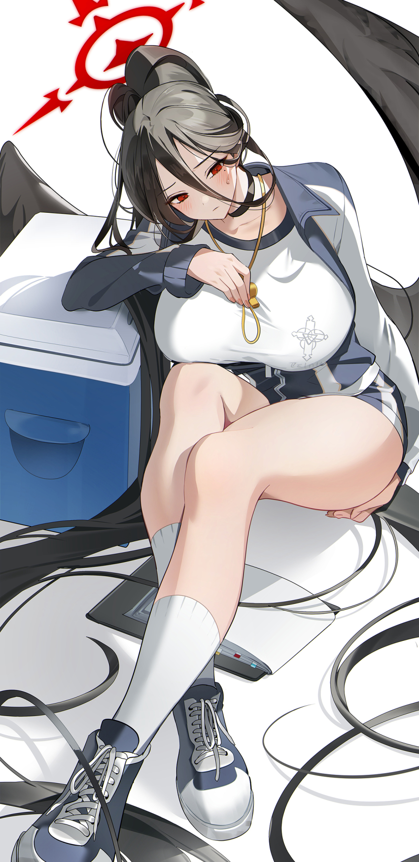1girl, absurdly_long_hair, absurdres, black_choker, black_hair, blue_archive, blue_jacket, blue_shoes