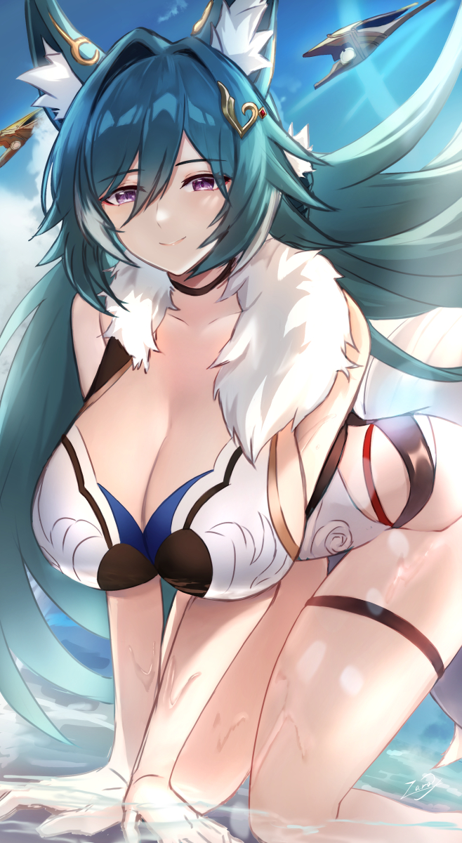 1girl, animal_ear_fluff, animal_ears, breasts, fox_ears, fur_trim, green_hair, hair_ornament