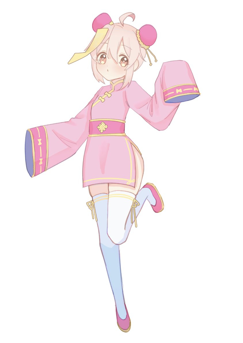1girl, ahoge, brown_eyes, bun_cover, china_dress, chinese_clothes, closed_mouth, commentary, dot_mouth, double_bun, dress, full_body, genderswap, genderswap_(mtf), hair_between_eyes, hair_bun, lazy_boneowo, long_sleeves, looking_at_viewer, ofuda, ofuda_on_head, onii-chan_wa_oshimai!, oyama_mahiro, pink_dress, pink_hair, pink_shoes, shoes, side-tie_thighhighs, side_slit, simple_background, sleeves_past_fingers, sleeves_past_wrists, solo, standing, standing_on_one_leg, thighhighs, white_background, white_thighhighs, wide_sleeves