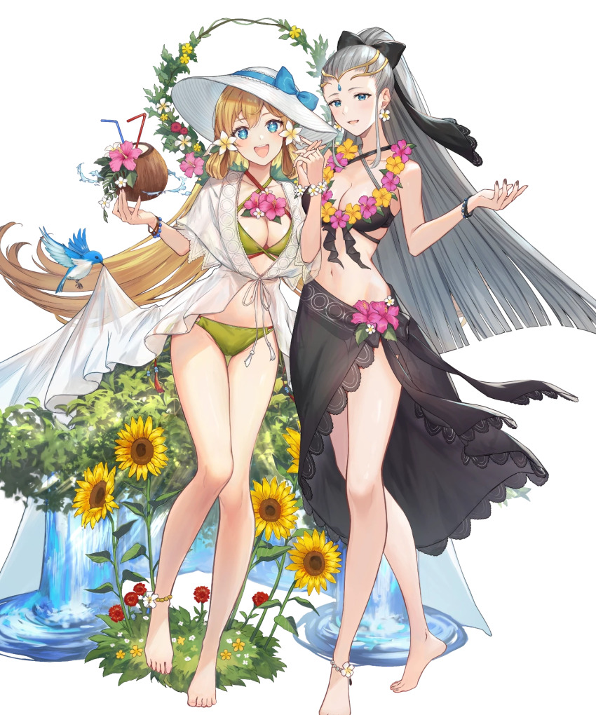 2girls, alternate_costume, barefoot, bikini, black_bikini, black_vs_white, blonde_hair, blue_eyes, breasts, cleavage, eir_(fire_emblem), eir_(summer)_(fire_emblem), feet, female_focus, fire_emblem, fire_emblem_heroes, grey_hair, hair_ornament, hat, high_ponytail, highres, ichikawa_haru, jewelry, legs, long_hair, medium_breasts, multiple_girls, nail_polish, navel, nintendo, non-web_source, official_alternate_costume, official_art, ponytail, sarong, sparkling_eyes, stomach, sun_hat, swimsuit, tiara, toes, transparent_background, ymir_(fire_emblem_heroes), ymir_(summer)_(fire_emblem_heroes)