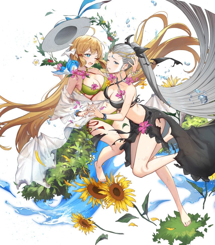 2girls, alternate_costume, bikini, black_bikini, black_vs_white, blonde_hair, blue_eyes, breasts, cleavage, eir_(fire_emblem), eir_(summer)_(fire_emblem), female_focus, fire_emblem, fire_emblem_heroes, grey_hair, hair_ornament, hat, high_ponytail, highres, ichikawa_haru, jewelry, long_hair, medium_breasts, multiple_girls, nail_polish, navel, nintendo, non-web_source, official_alternate_costume, official_art, one_eye_closed, ponytail, sarong, sparkling_eyes, stomach, sun_hat, swimsuit, tiara, torn_clothes, transparent_background, wince, ymir_(fire_emblem_heroes), ymir_(summer)_(fire_emblem_heroes)