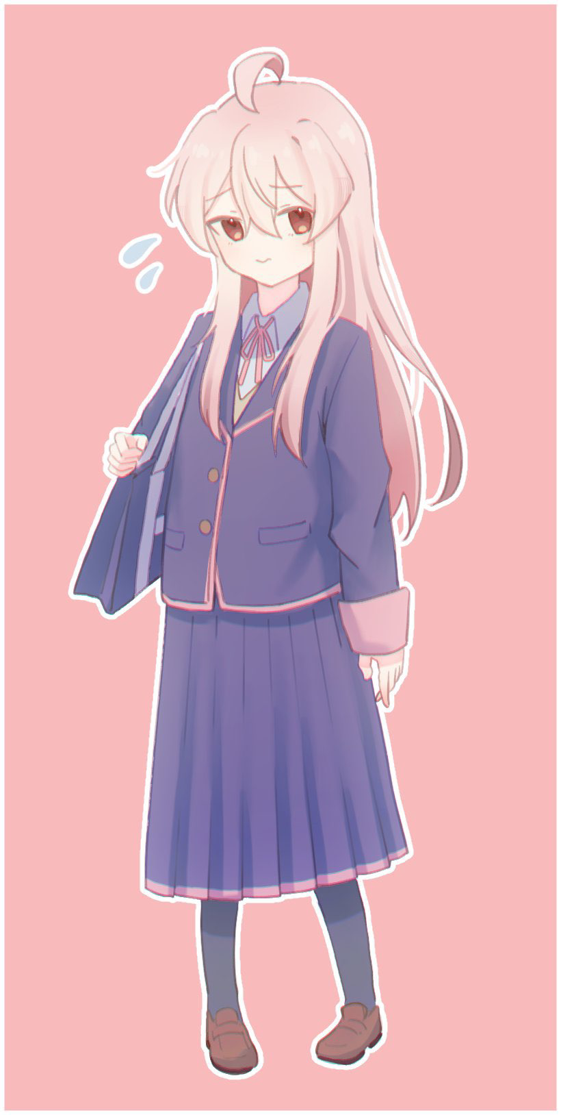 1girl, ahoge, arm_at_side, bag, black_pantyhose, blue_jacket, blue_skirt, brown_eyes