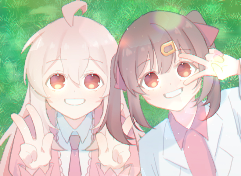 2girls, ahoge, black_hair, brown_eyes, commentary, dot_nose, double_v, genderswap