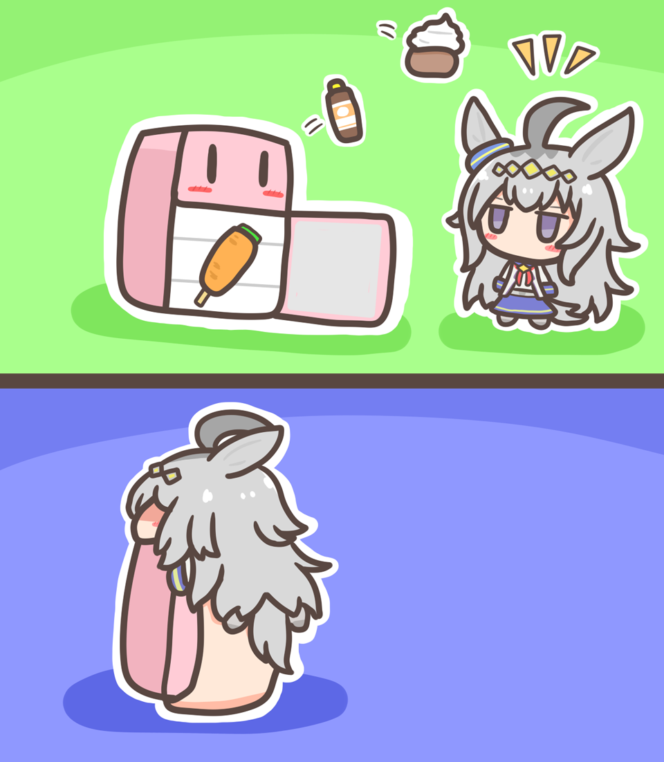 2koma, ahoge, animal_ears, blue_sailor_collar, blue_skirt, blush_stickers, carrot, comic