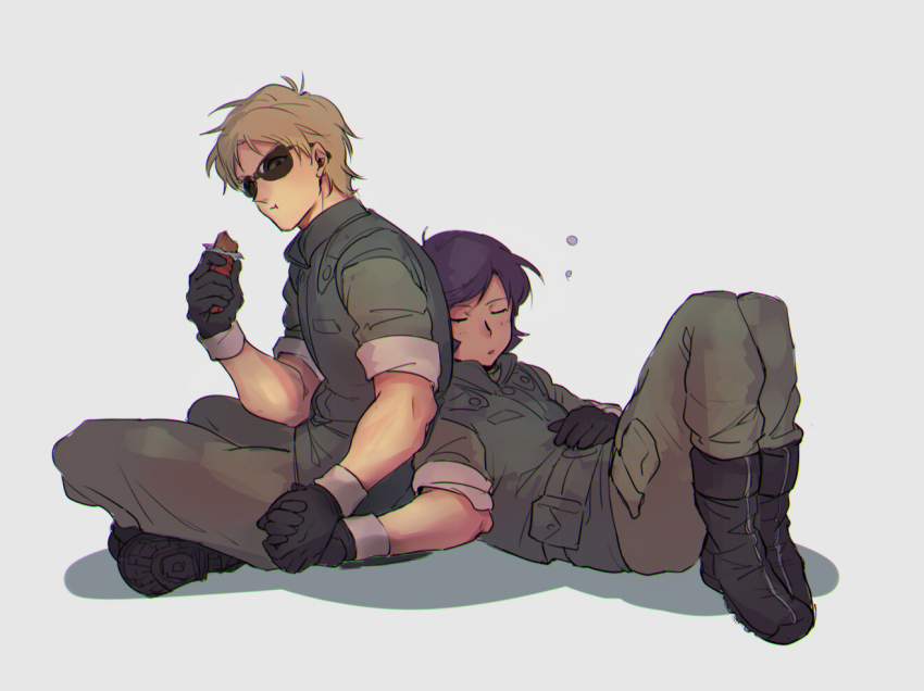 2boys, :t, ankle_boots, black_footwear, black_gloves, blonde_hair, boots, brown_pants, char_aznable, chromatic_aberration, closed_eyes, closed_mouth, eating, field_ration, food, full_body, garma_zabi, gloves, green_shirt, green_vest, gundam, hand_on_own_chest, holding, holding_food, holding_hands, indian_style, kade_punch, knees_up, looking_at_another, male_focus, military_uniform, mobile_suit_gundam_the_origin, multiple_boys, pants, parted_lips, purple_hair, shirt, short_hair, short_sleeves, sideways_glance, simple_background, sitting, sleeping, sleeping_on_person, sleeves_rolled_up, squeans, sunglasses, u_u, vest, white_background