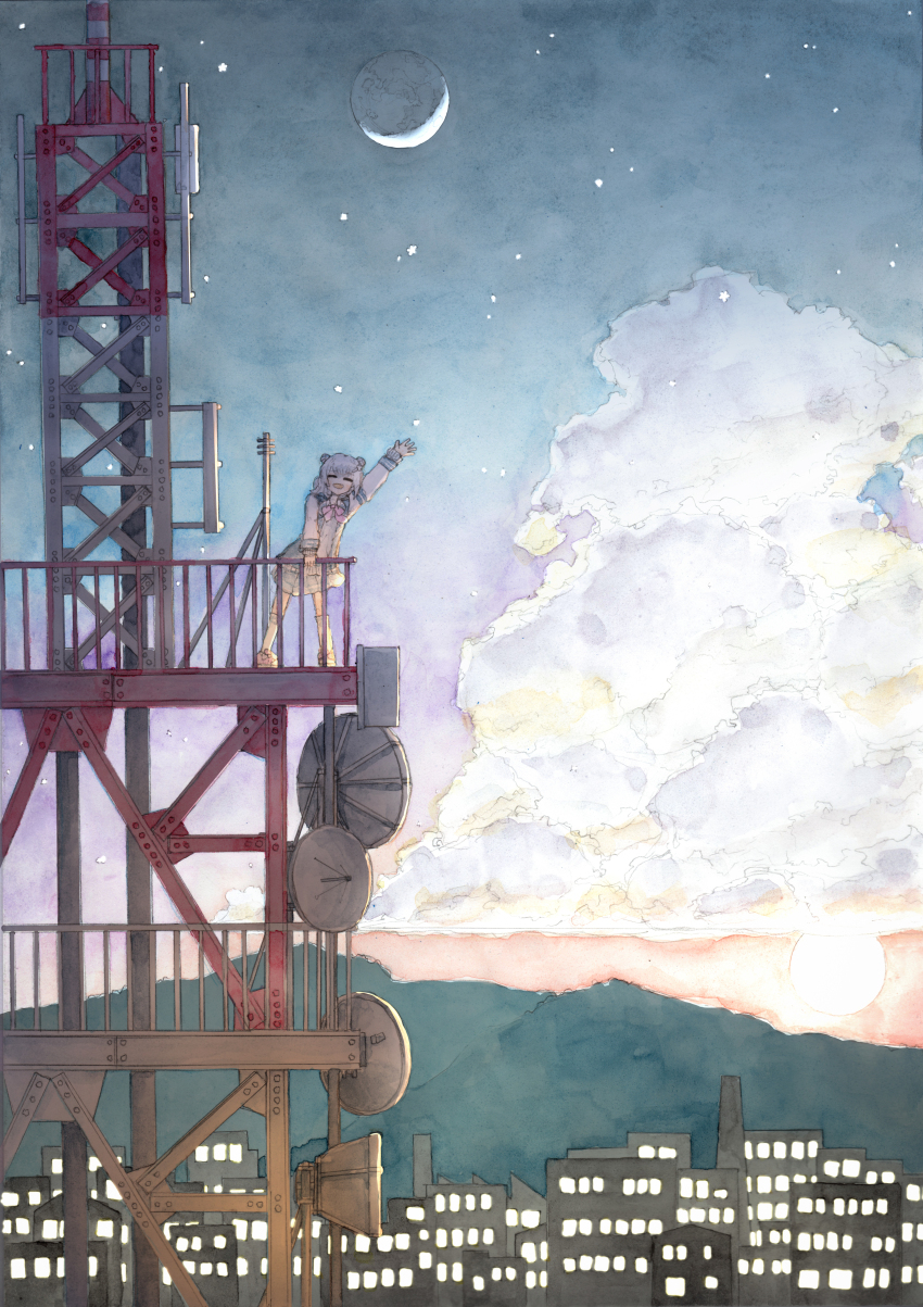 1girl, absurdres, arm_up, blazer, blue_jacket, bone_71, bow, bowtie