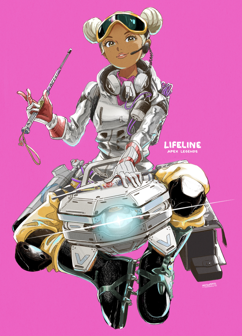 1girl, absurdres, animification, apex_legends, black_boots, boots, character_name, copyright_name, d.o.c._health_drone, dark-skinned_female, dark_skin, double_bun, eyelashes, freckles, full_body, gloves, goggles, goggles_on_head, hair_bun, headphones, headphones_around_neck, headset, highres, holding, jacket, lifeline_(apex_legends), mitsumayo, peak_performer_lifeline, pink_background, robot, signature, solo, white_gloves, white_jacket