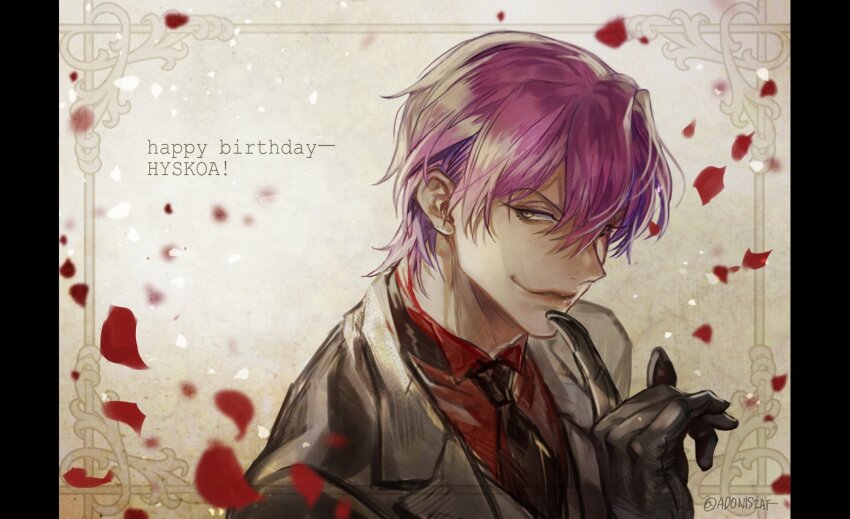 1boy, adoniszaf, birthday, black_gloves, black_necktie, character_name, dated, formal_clothes