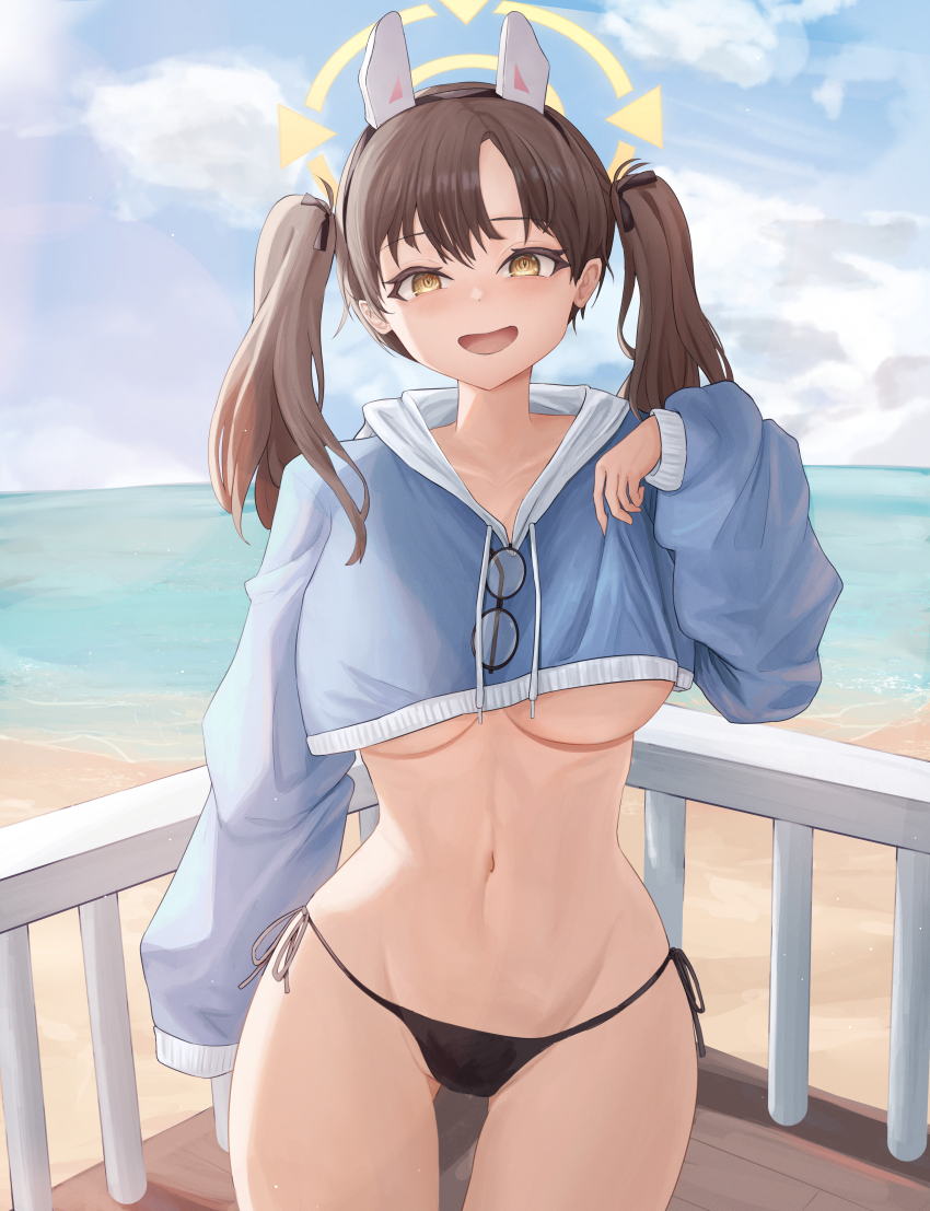 1girl, absurdres, animal_ears, beach, bikini, bikini_bottom_only, black-framed_eyewear, black_bikini, blue_archive, blue_hoodie, breasts, brown_hair, cowboy_shot, crop_top, crop_top_overhang, cropped_hoodie, day, drawstring, eyewear_hang, unworn_eyewear, fake_animal_ears, glasses, gluteal_fold, hairband, halo, hand_up, highres, hood, hood_down, hoodie, large_breasts, long_hair, long_sleeves, looking_at_viewer, moe_(blue_archive), moe_(swimsuit)_(blue_archive), navel, no_bra, no_pants, official_alternate_costume, open_mouth, outdoors, puffy_long_sleeves, puffy_sleeves, randomcatbox, round_eyewear, side-tie_bikini_bottom, smile, solo, standing, stomach, string_bikini, swimsuit, thighs, twintails, underboob, yellow_eyes