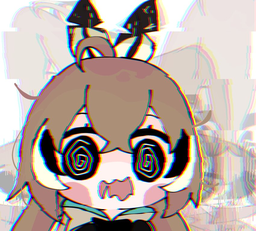1girl, @_@, ahoge, black_eyes, blush_stickers, brown_hair, chibi, chromatic_aberration