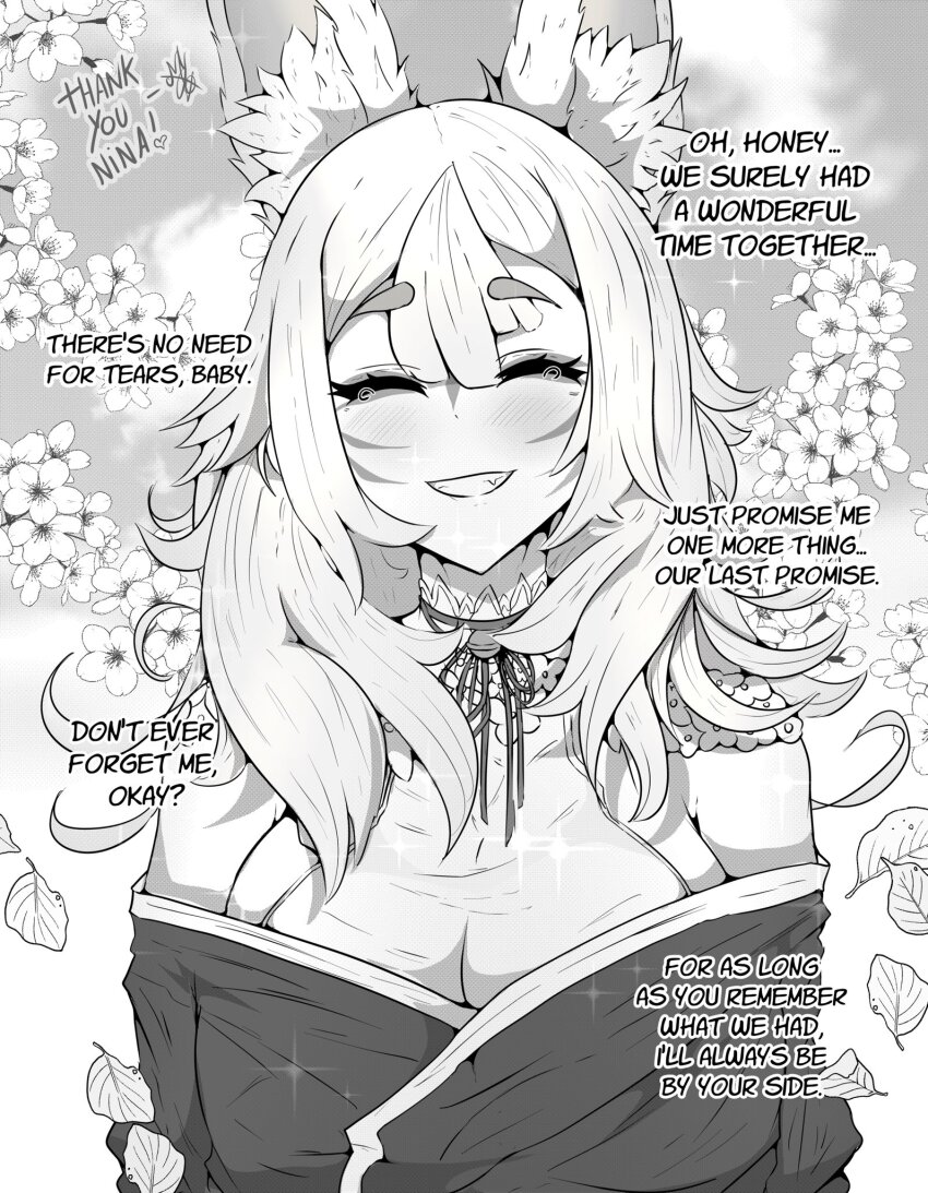 1girl, animal_ear_fluff, animal_ears, breasts, cleavage, closed_eyes, crying, double-parted_bangs, english_text, facial_mark, fang, fox_ears, fox_girl, grin, highres, hikimayu, japanese_clothes, kimono, long_hair, mayoa, medium_breasts, monochrome, nijisanji, nijisanji_en, nina_kosaka, nina_kosaka_(1st_costume), off_shoulder, smile, solo, virtual_youtuber