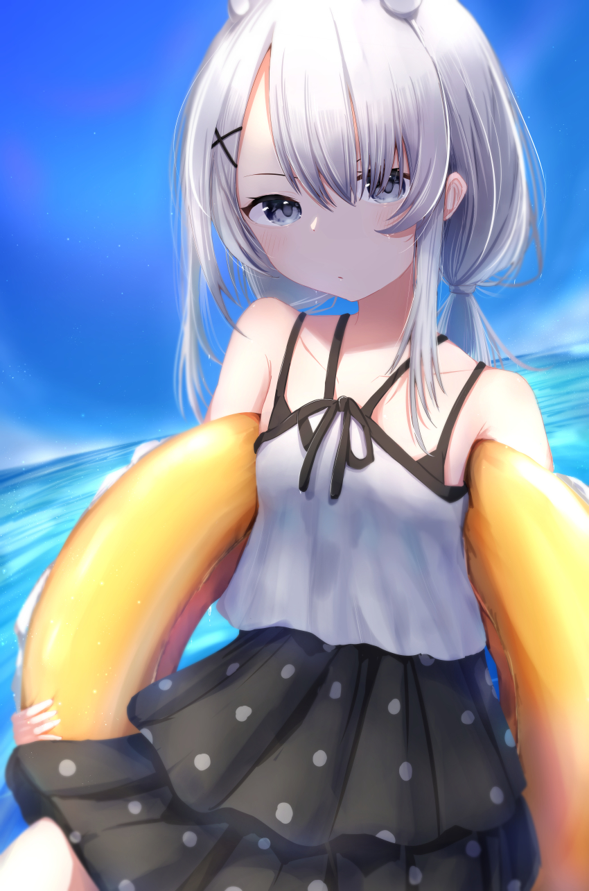 1girl, absurdres, black_one-piece_swimsuit, blush, closed_mouth, collarbone, day, grey_eyes