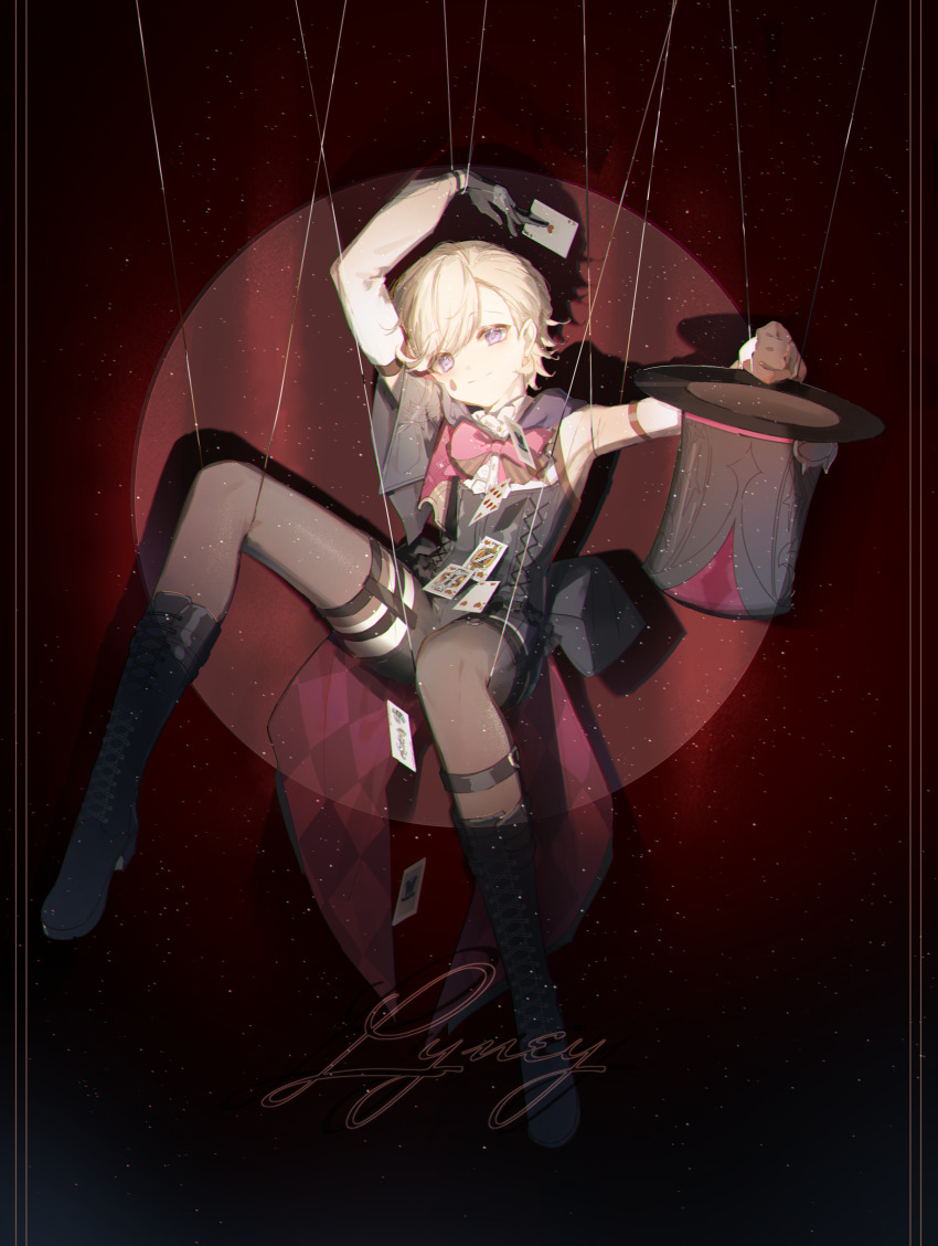 1boy, a_ji, absurdres, asymmetrical_bangs, black_boots, black_cape, black_hat, blonde_hair, boots, bow, bowtie, cape, detached_sleeves, facial_mark, full_body, genshin_impact, gloves, grey_thighhighs, hat, highres, lyney_(genshin_impact), male_focus, pink_bow, pink_bowtie, purple_eyes, short_hair, solo, spotlight, teardrop_facial_mark, thighhighs, top_hat, two-tone_gloves, unworn_hat, unworn_headwear, white_sleeves