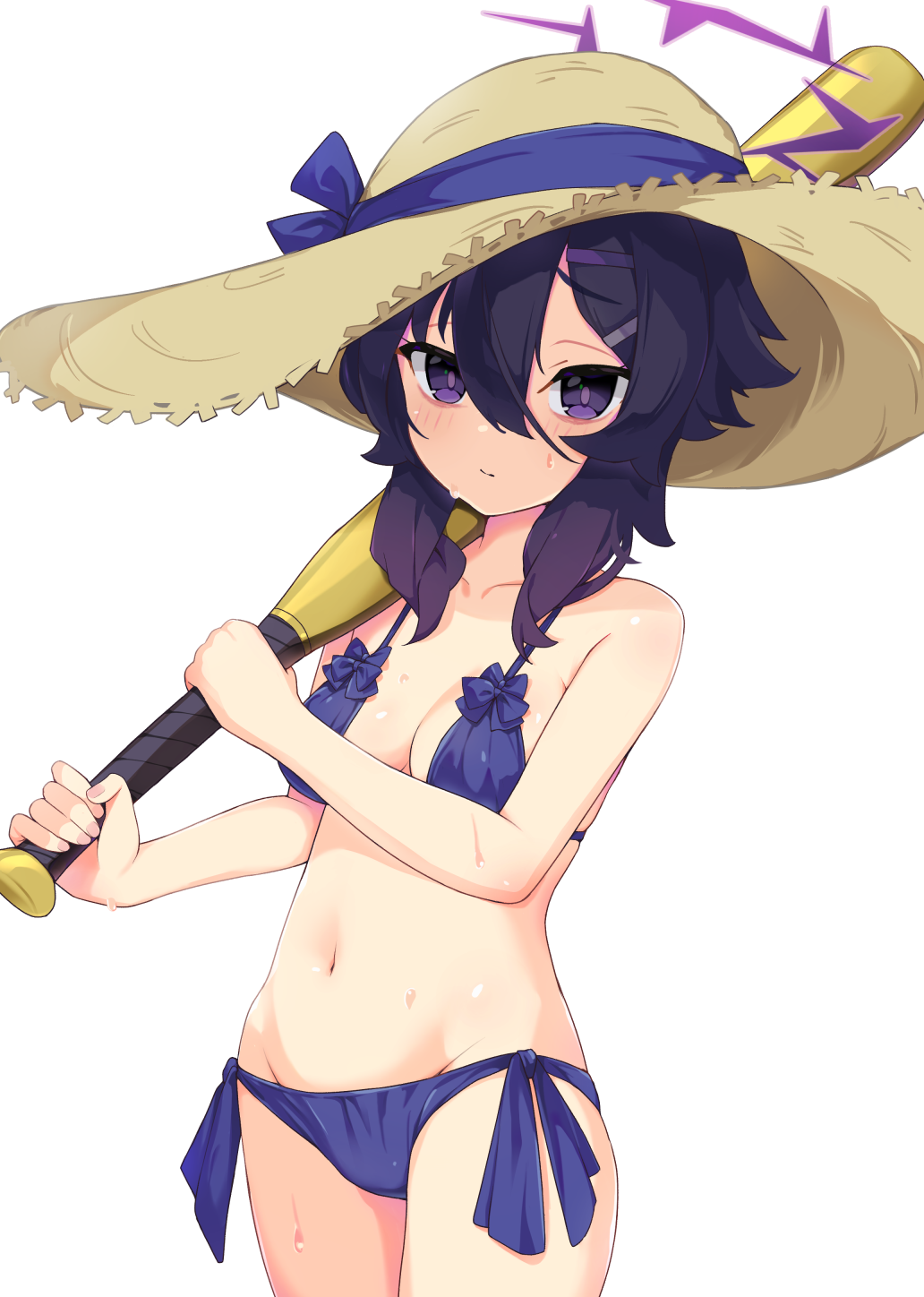 1girl, aku_oribi, baseball_bat, bikini, blue_archive, blue_bikini, blush, breasts