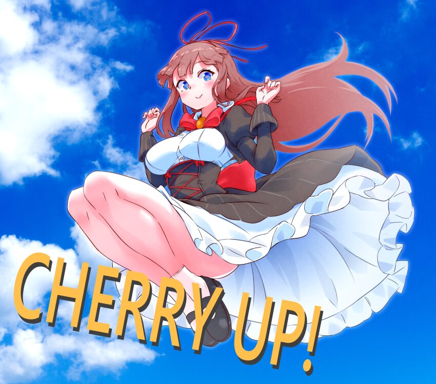 .live, 1girl, :>, absurdres, black_dress, black_shoes, blue_eyes, blue_sky